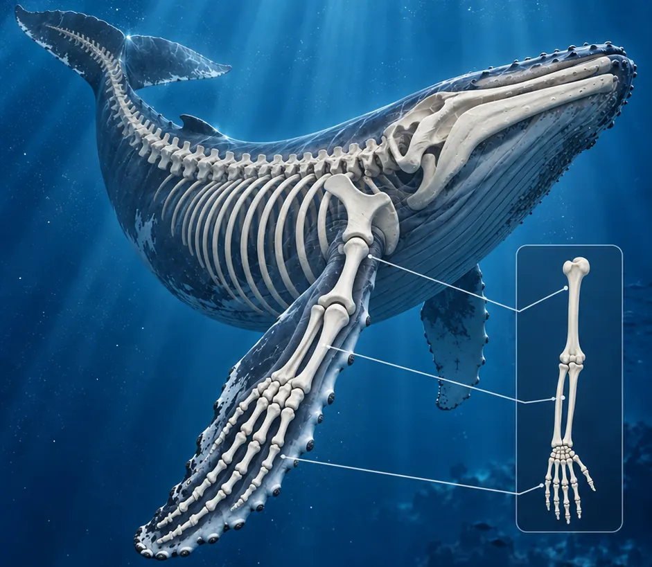 Baleine à bosse illustrée avec les os de sa nageoire pectorale et un schéma voisin du bras et de la main humains.