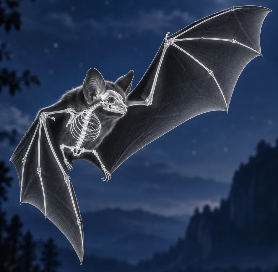 Chauve-souris illustrée en vol, avec des doigts allongés visibles sous les membranes des ailes.