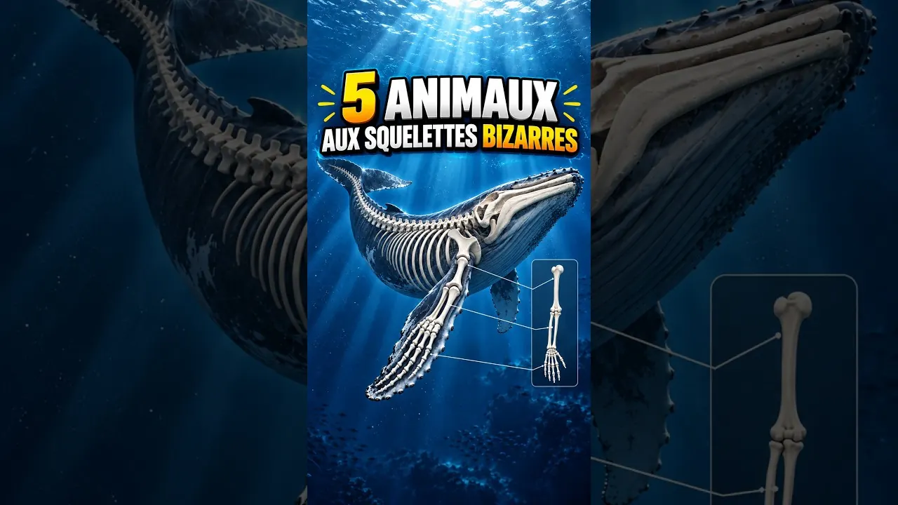 Miniature publique de la première partie : illustration d'une baleine à bosse et de son squelette, avec le titre « 5 animaux aux squelettes bizarres ».
