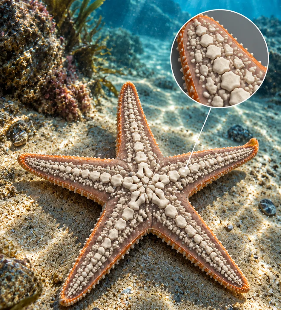 Étoile de mer illustrée avec de petites pièces squelettiques calcaires et un insert agrandi.
