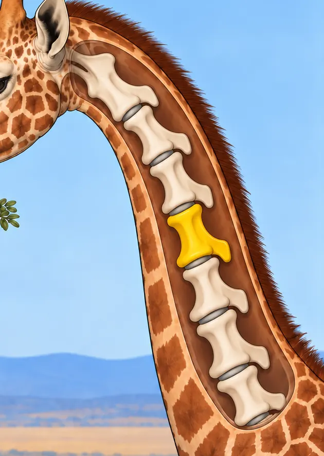 Détail illustratif du cou d'une girafe, avec une fenêtre sur les vertèbres allongées et l'une d'elles surlignée en jaune.