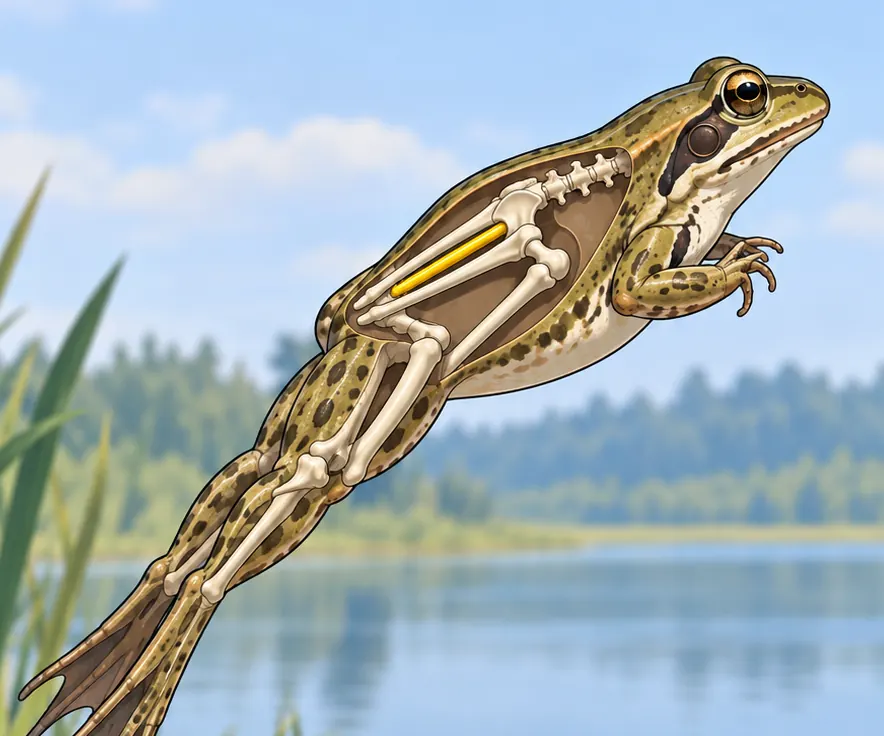 Grenouille illustrée en extension, avec son bassin, ses pattes postérieures et une tige squelettique mise en évidence.