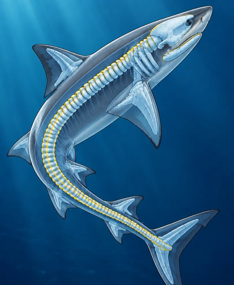 Requin illustré avec un squelette cartilagineux bleu pâle visible en transparence.
