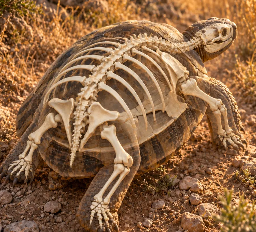 Illustration d'une tortue terrestre, avec une transparence pédagogique sur les côtes et la carapace.