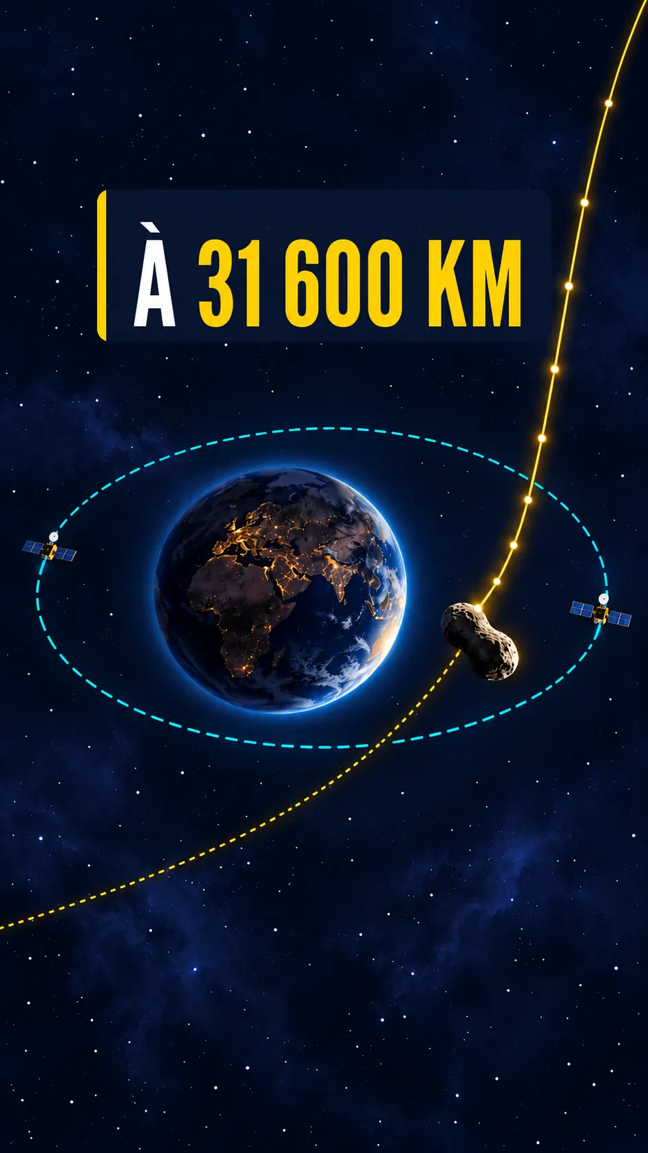 Miniature de la vidéo : la Terre entourée d'un anneau pointillé portant deux satellites, un astéroïde en forme de cacahuète qui passe à l'intérieur de l'anneau, et le texte « À 31 600 km ».