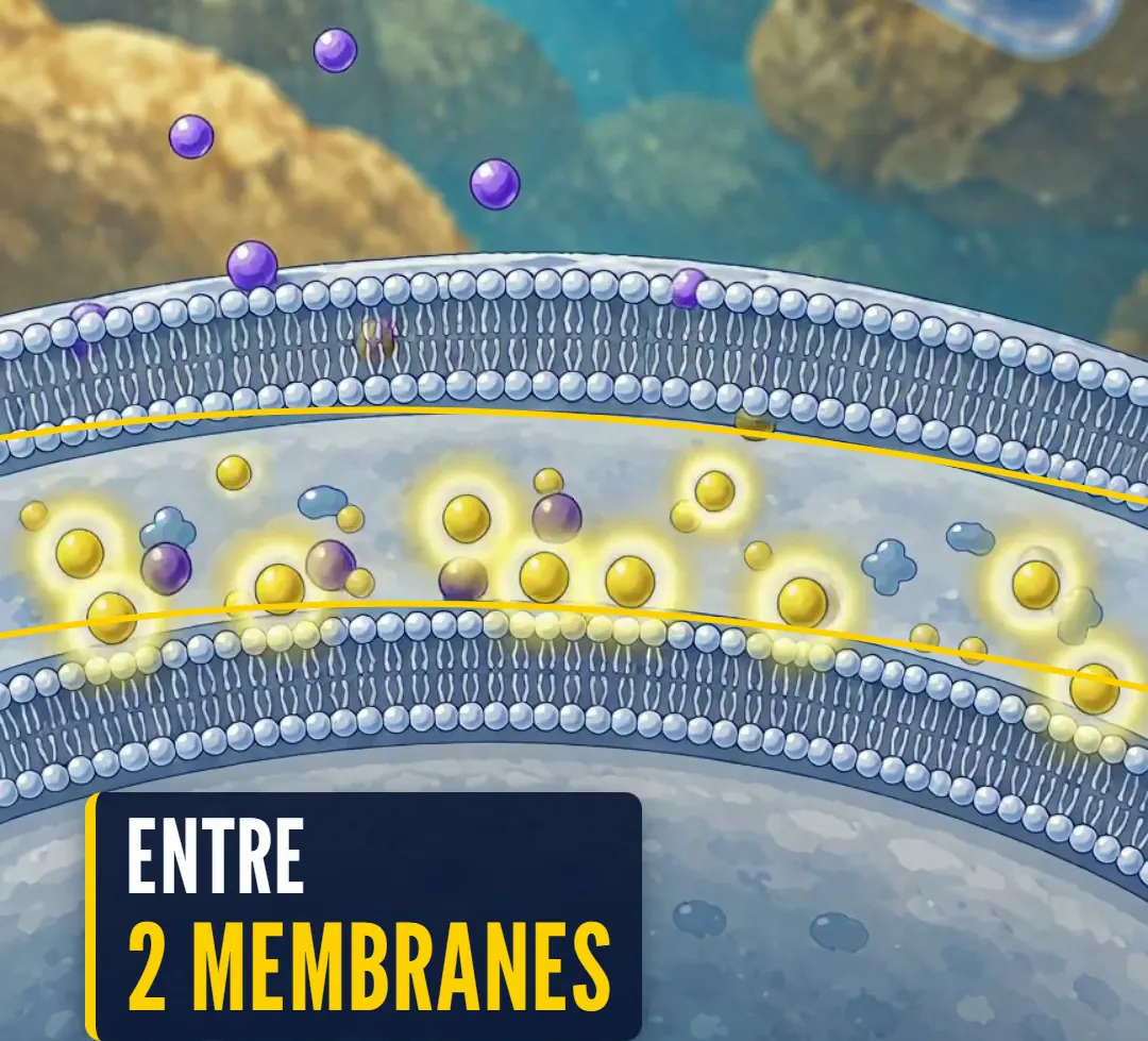 Détail illustratif de deux membranes et de petits grains jaunes