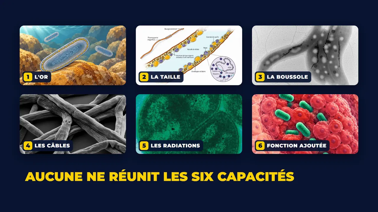 Six vignettes : or, taille, boussole, câbles, radiations et fonction ajoutée. Texte : aucune ne réunit les six capacités.