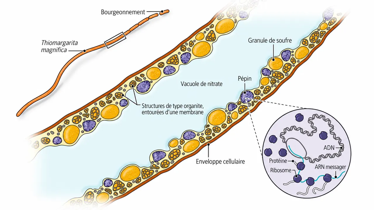 Schéma d'une cellule filamenteuse géante : vacuole de nitrate, granules de soufre, pépins entourés d'une membrane et zoom sur l'ADN d'un pépin.