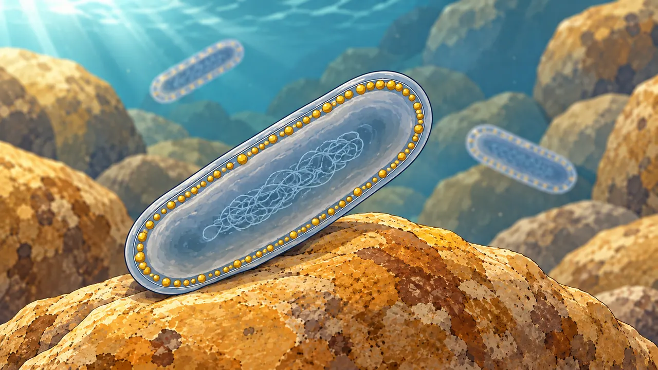 Une bactérie en bâtonnet dont l'enveloppe contient des grains d'or, posée sur une roche dorée.
