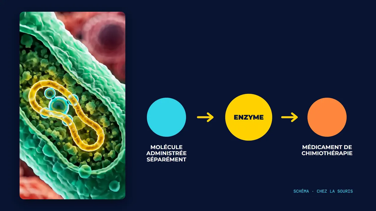 Une bactérie modifiée : une molécule administrée séparément est convertie par une enzyme en médicament de chimiothérapie.
