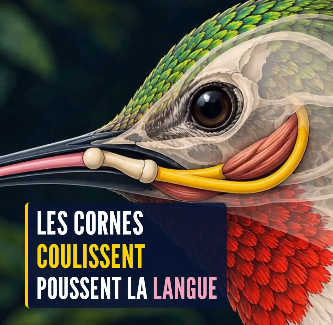 Coupe illustrative de la tête d’un colibri avec les cornes hyoïdes