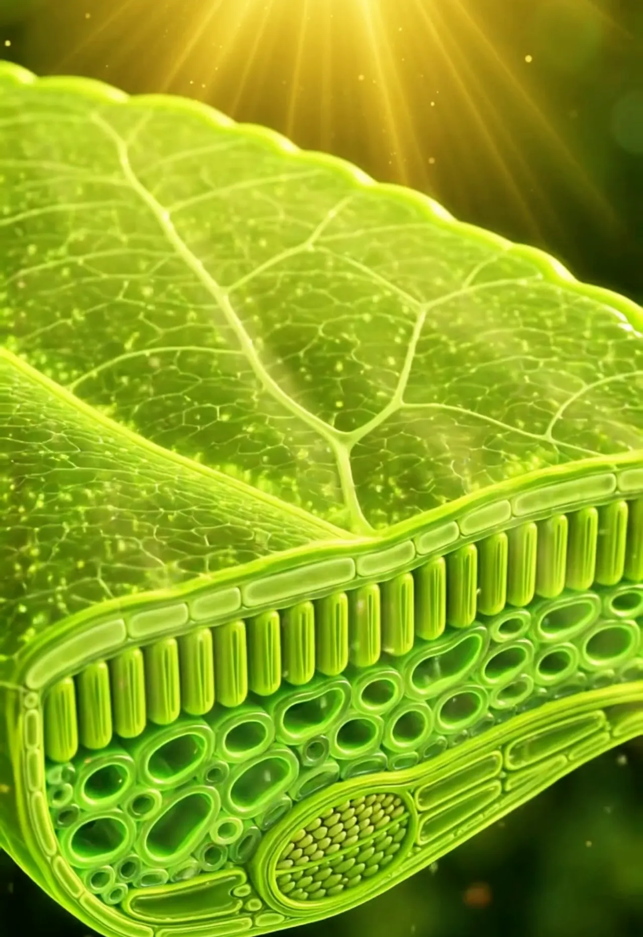 Coupe générée d’une feuille verte éclairée par le Soleil