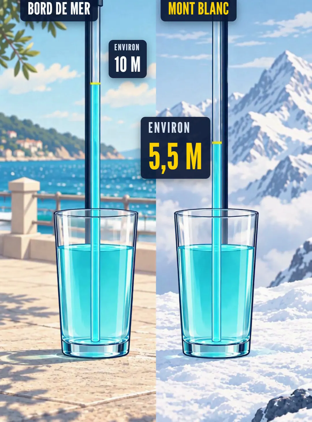 Deux colonnes d’eau illustrent une limite différente selon la pression