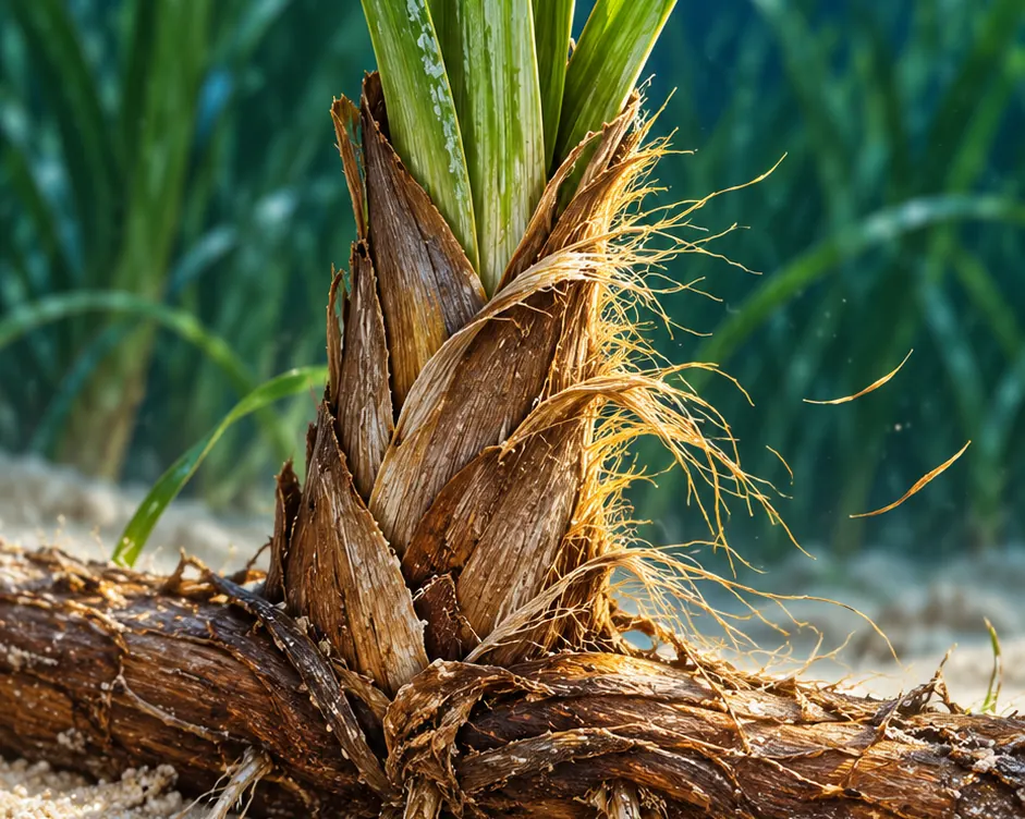 Base d’une pousse de posidonie : gaines brunes effilochées en fibres sur un rhizome couché dans le sable