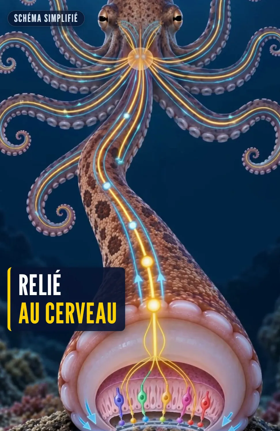Une pieuvre et des trajets dessinés entre ses bras et le cerveau